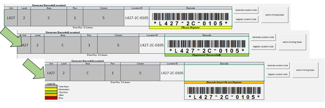 Excel barcode generator showing three register states and a colour legend