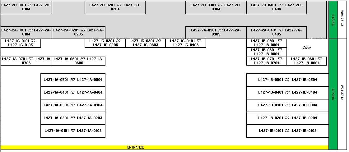 Warehouse location plan with every rack range assigned an ID across two levels