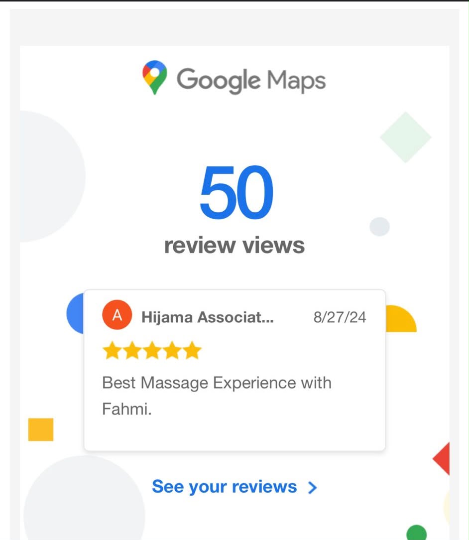 Google Maps notification showing 50 review views for Hijama Associates and a five star review.