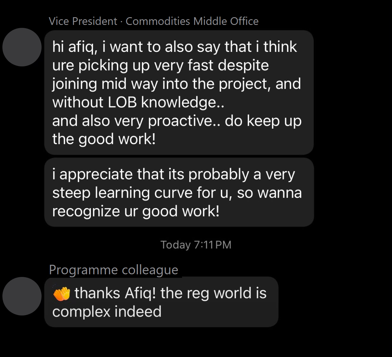 Message from the programme Vice President recognising fast progress despite joining mid-project without line-of-business knowledge. Names redacted to role.